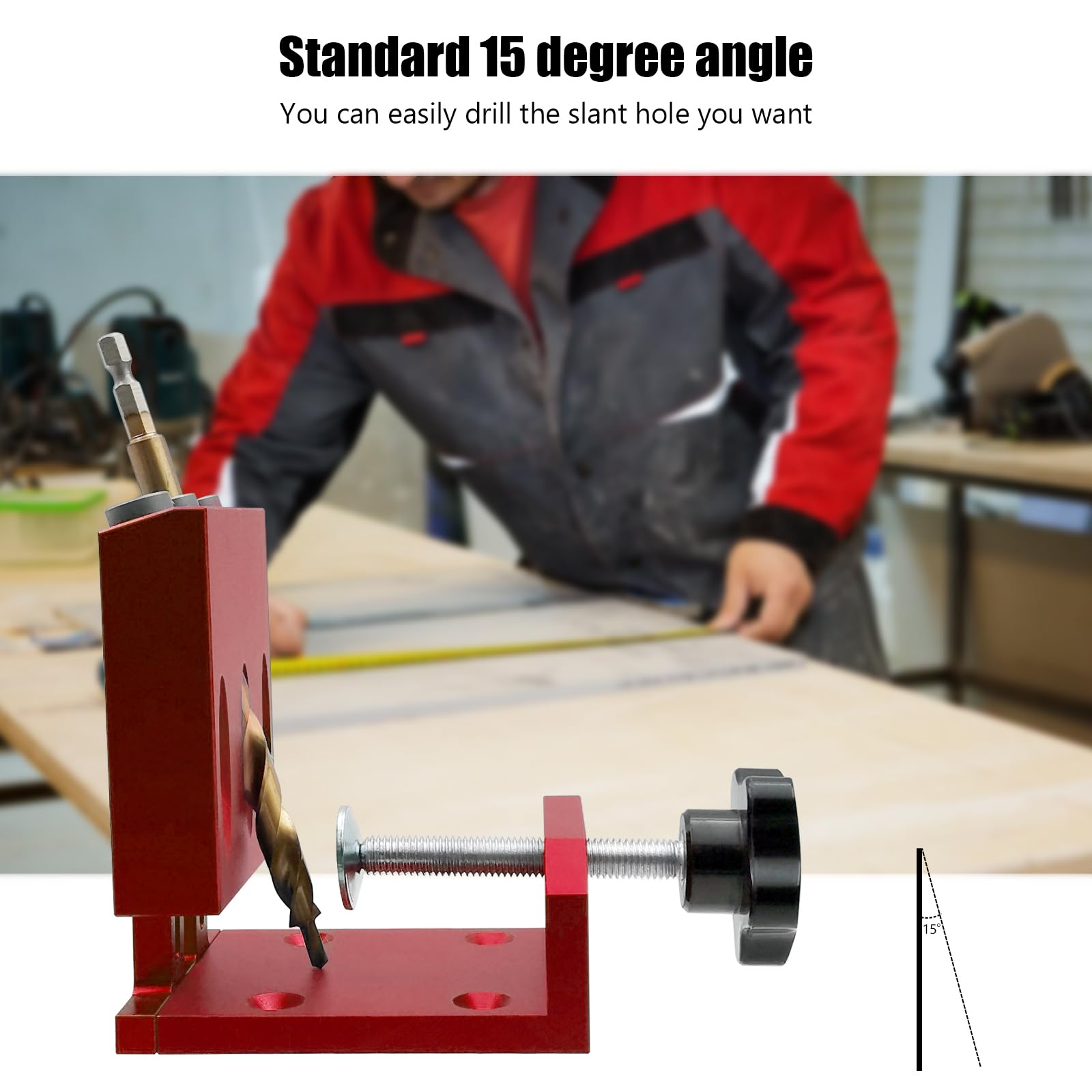 Kit per fori tascabili, regolabile, con tre guide di perforazione per fori ad angolo di 15°, efficiente sistema di posizionamento per falegnami, giunti e professionisti della carpenteria (rosso)