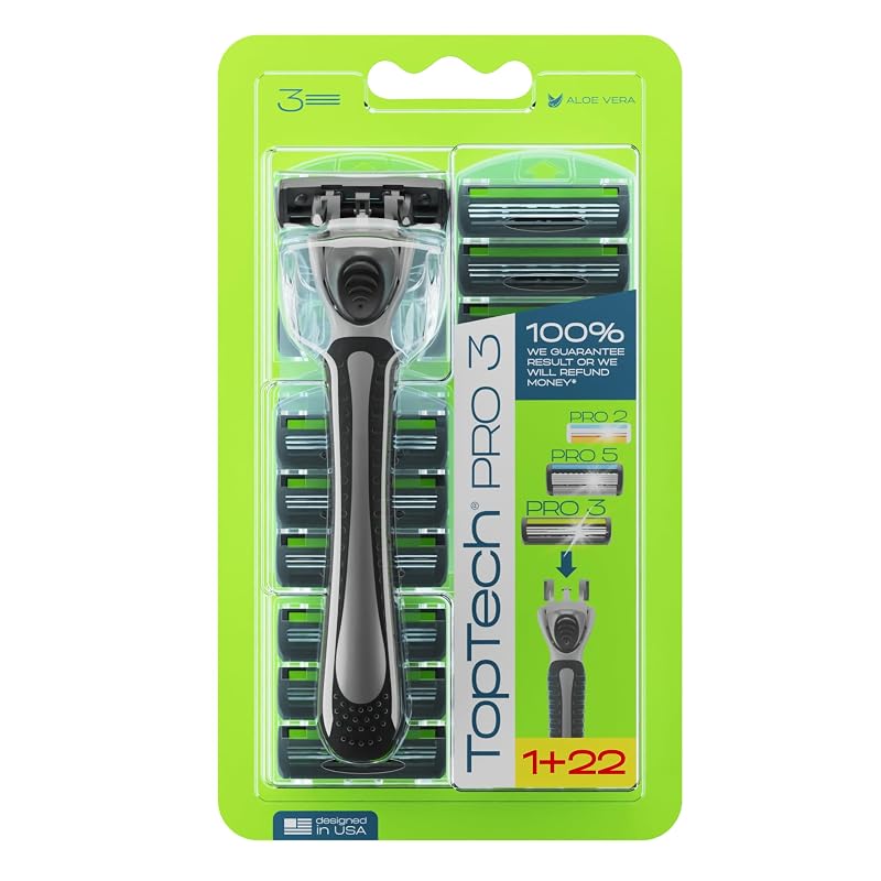 Aparelho de barbear manual TopTech PRO 3 com 3 lâminas e refis, Pacote com 23 unidades