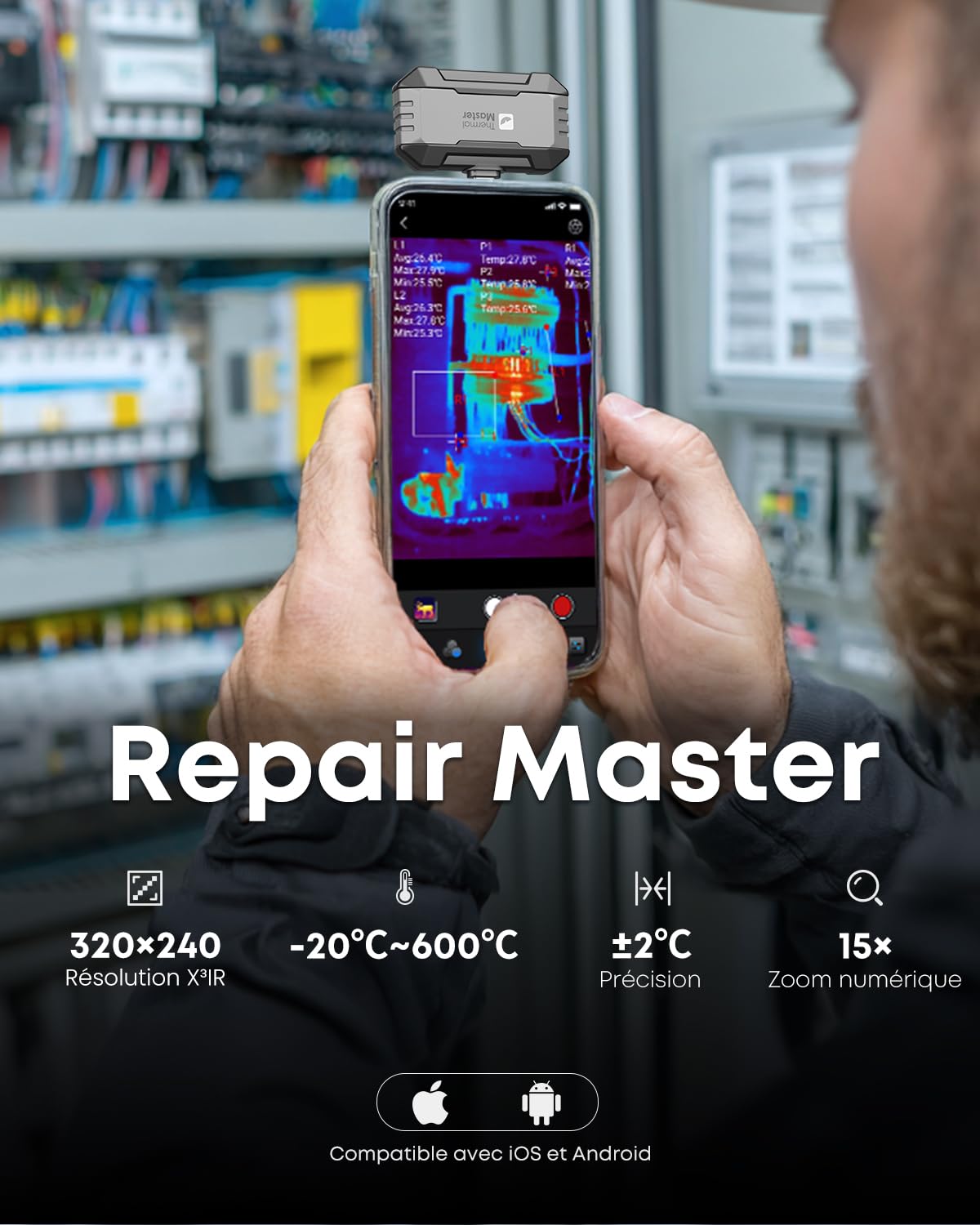 Caméra thermique Thermal Master P1 pour iPhone 15/16 et Android Caméra infrarouge Thermocaméras avec résolution X³ IR 320x240, -20℃-600℃ Inspection de maison 15x Zoom