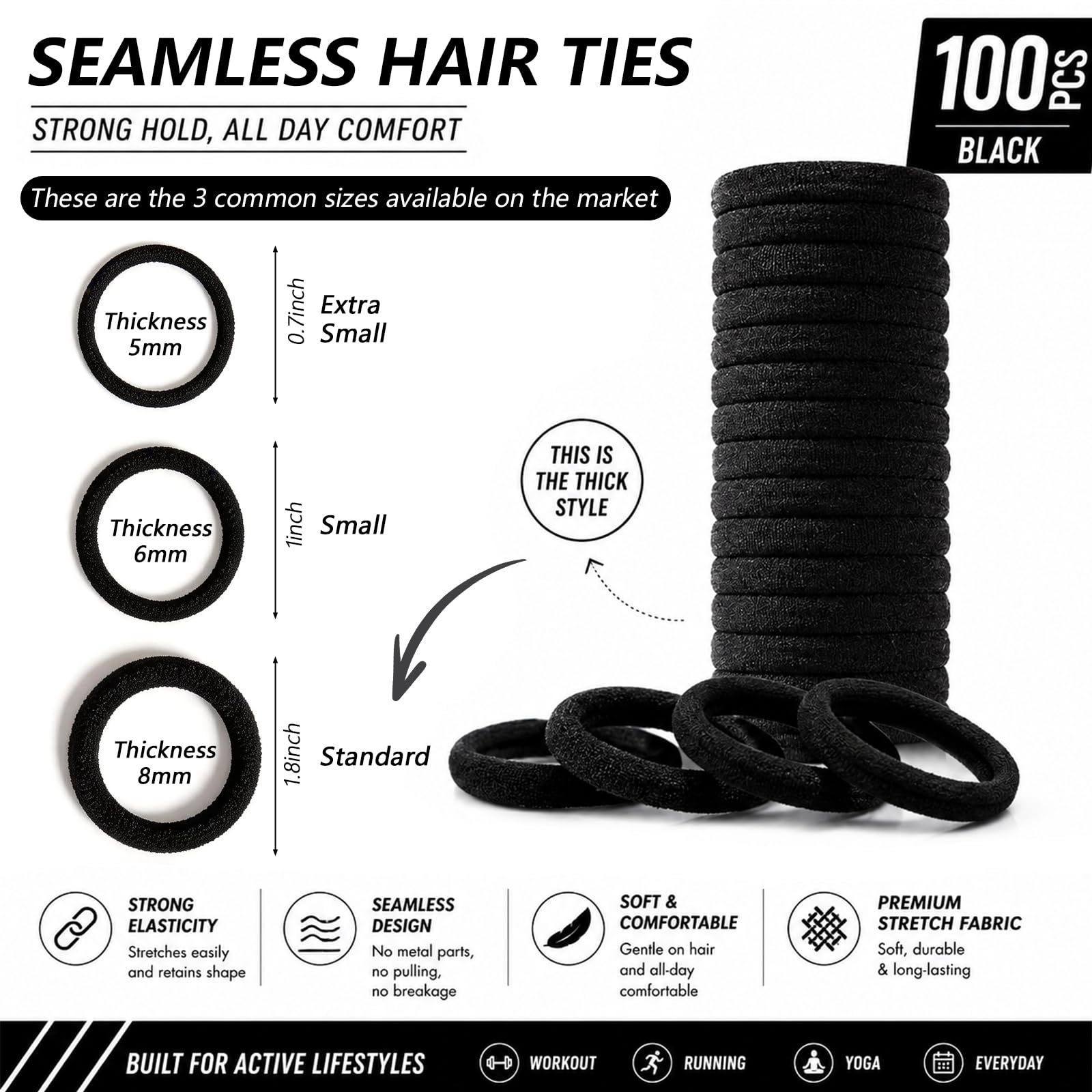 100 bandas elásticas negras para el pelo, de algodón sin costuras, banda de pelo negro grueso, lazos para el cabello elásticos, sin daños y soporte para cola de caballo