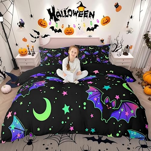 Erosebridal Juego de funda de edredón de murciélagos con purpurina azul y morado galaxia para niños y adolescentes, funda de edredón de cielo
