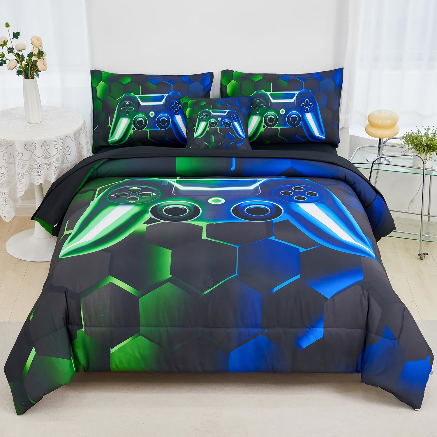 URBONUR 3D Game Comforter Set for Boys Girls 6Pcs Kids Gaming Bed in A Bag Bedding Sets with Sheets Lightweight All Season (Blue Green, Twin)