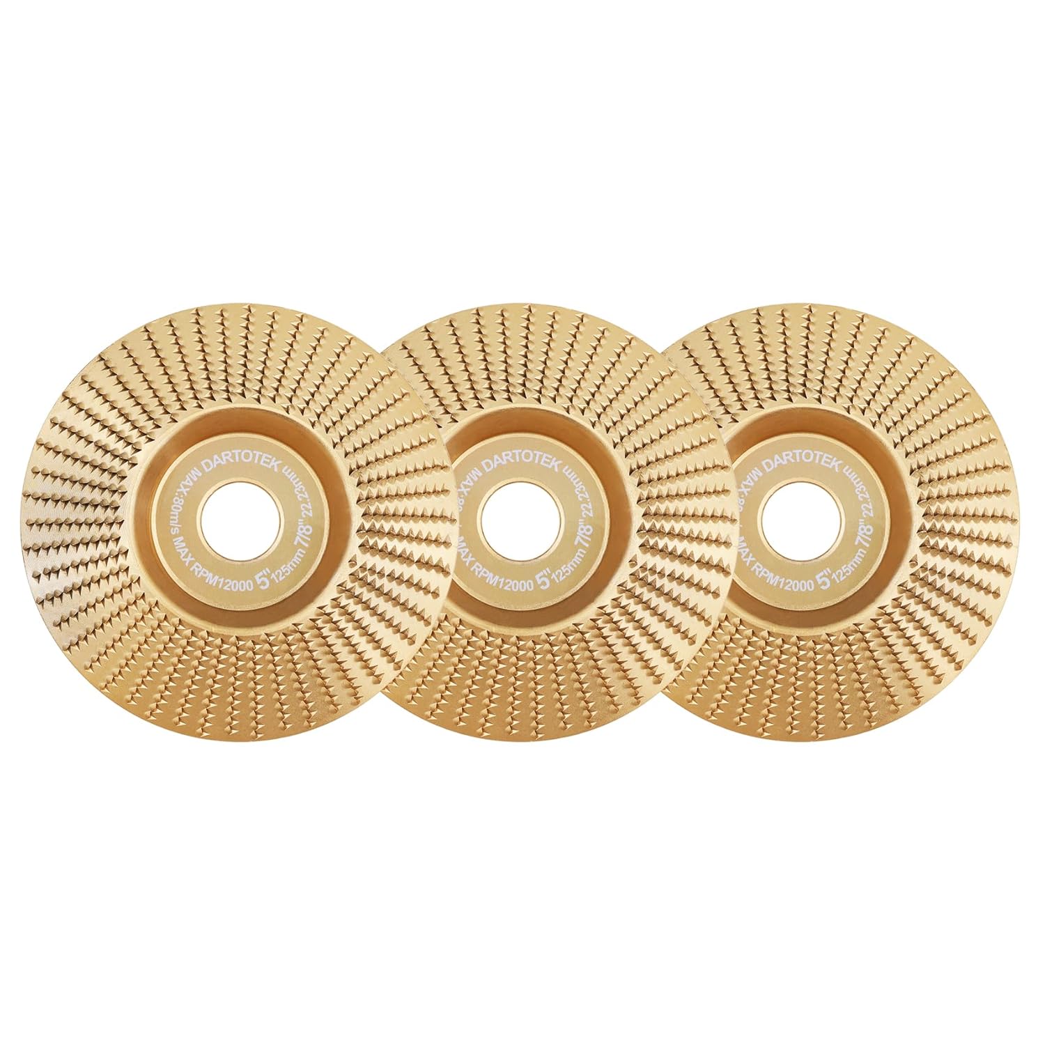 Gold 5PCS Wood Carving Disc Set, 4/4.5/5" Angle Grinder Compatible, Carbon Steel, 120 Grit, 7/8" Arbor, 5 Count