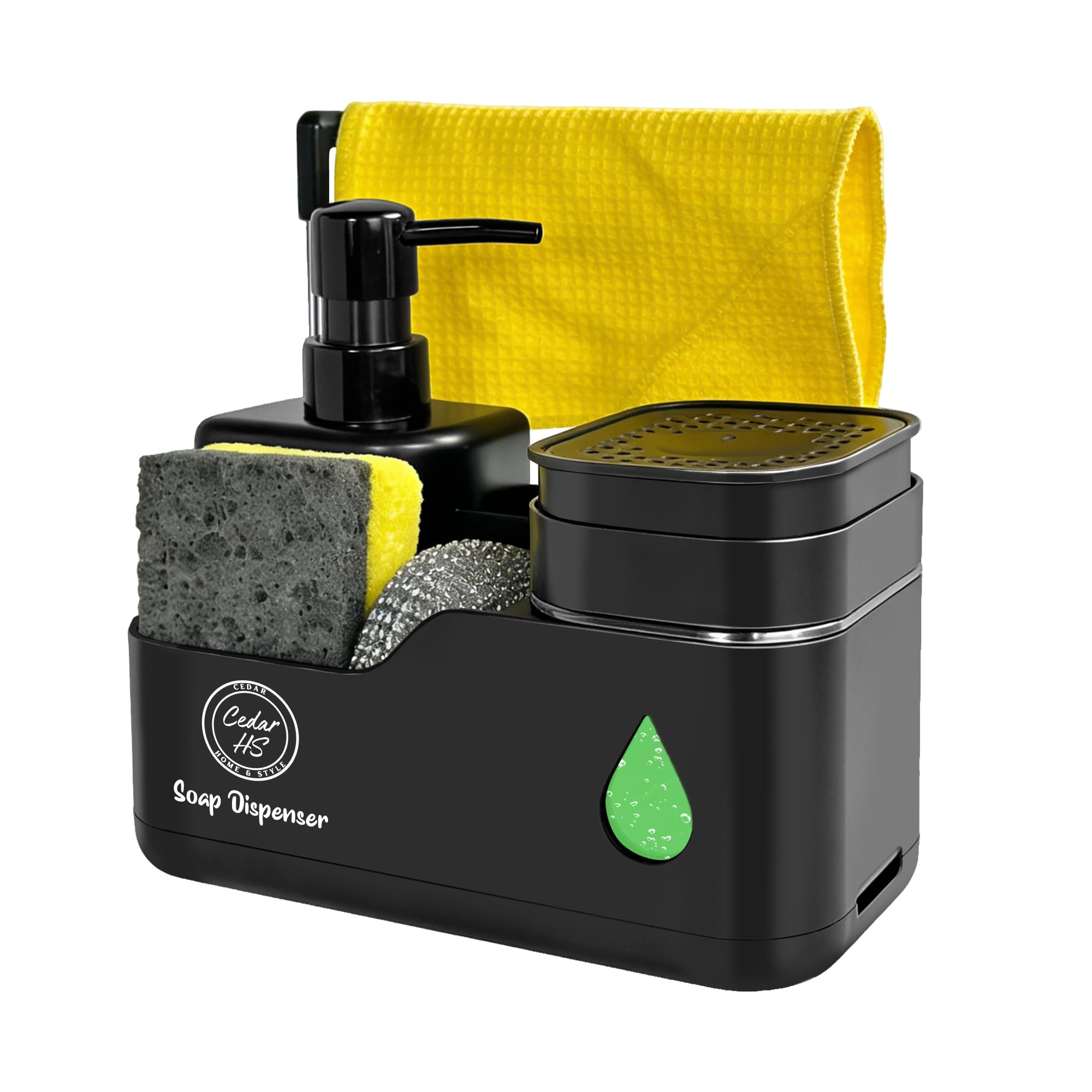 Kitchen Soap Dispenser Set (Black) – 4 in 1 Dual Pump Bottles with Sponge Caddy, Brush Holder, Towel Bar & Drain Rack – Space-Saving Countertop