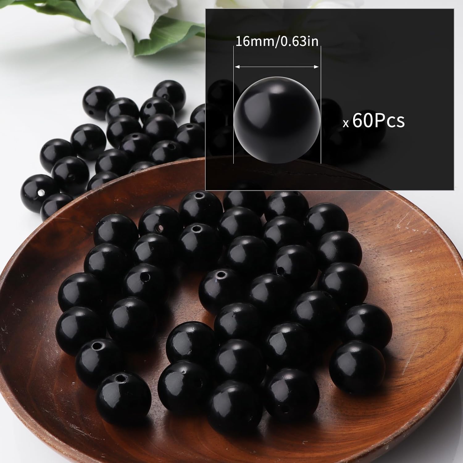 60pcs Black 16mm Pearl Beads with Hole Round Pearls for Crafting Loose Pearl Beads for Jewelry Making Fake Pearls Bead for Bracelets Necklaces Earrings Key Chains Accessories DIY - Image 2