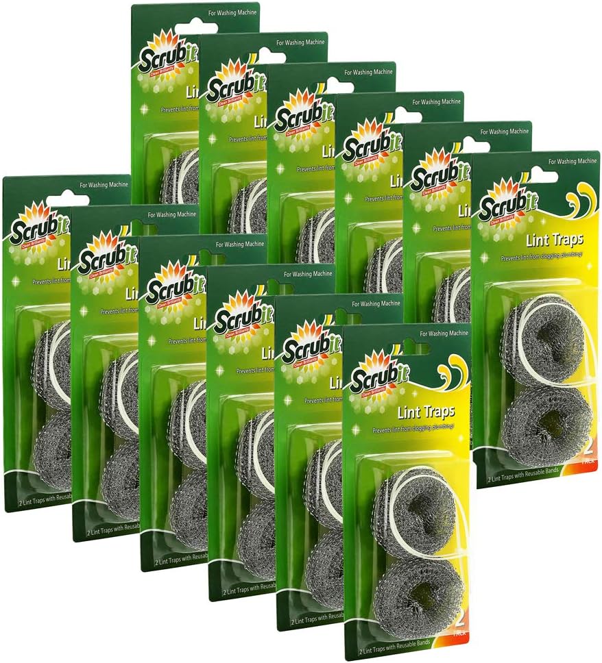 24 Premium Lint Traps with 24 Long Lasting Ties for Washing Machines By Scrub-It. Light Aluminum mesh Filter Won't Rust, Easy Installation,12 Pack (x2)