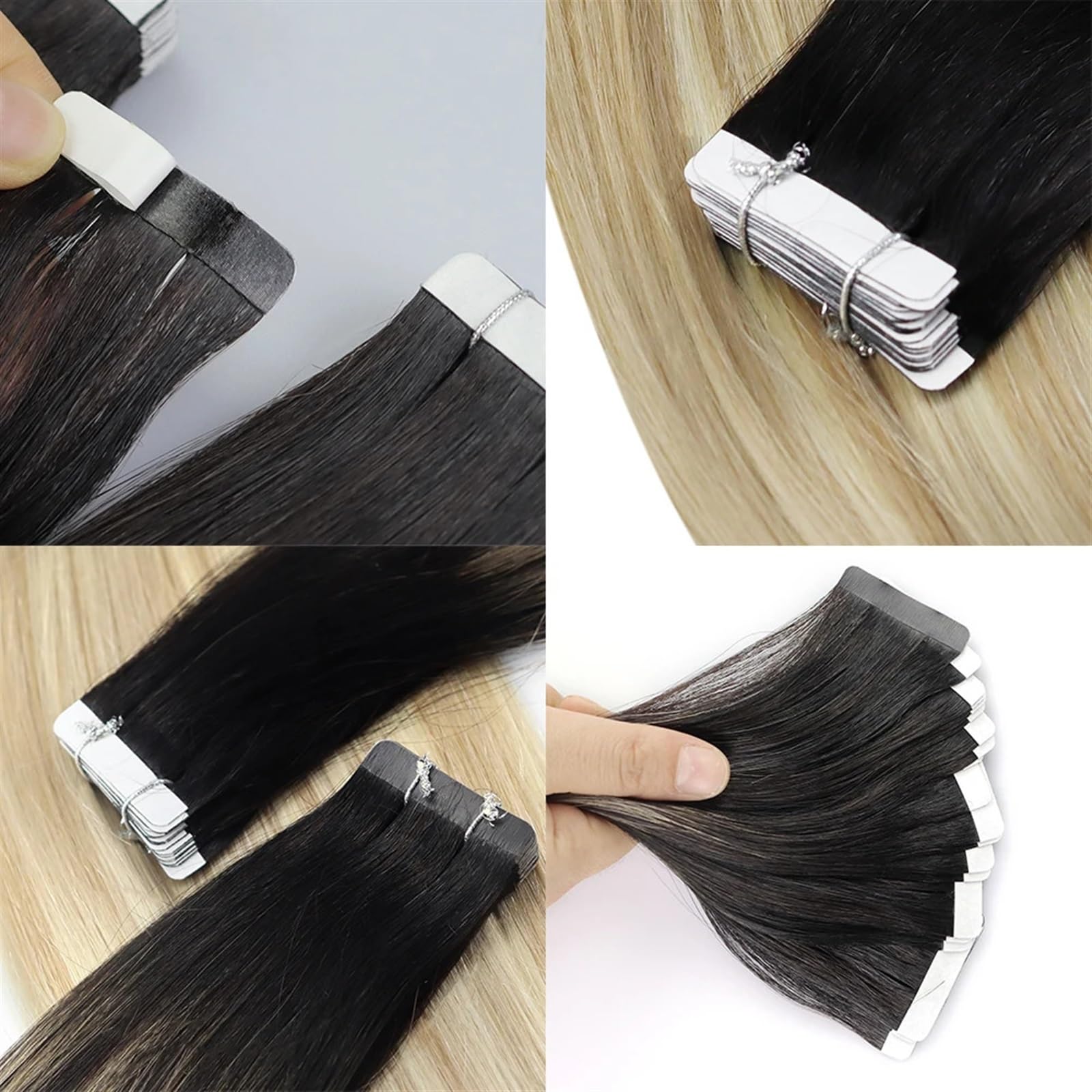 Kobiety Blond Przedłużanie Włosów Ludzkich Włosów Czarny Ombre na Popiół Mix Z Platinum Blond Wstążka Remy Prosta Taśma W 12-24 cal Przedłużanie Włosów(40 szt,24 Inchy)