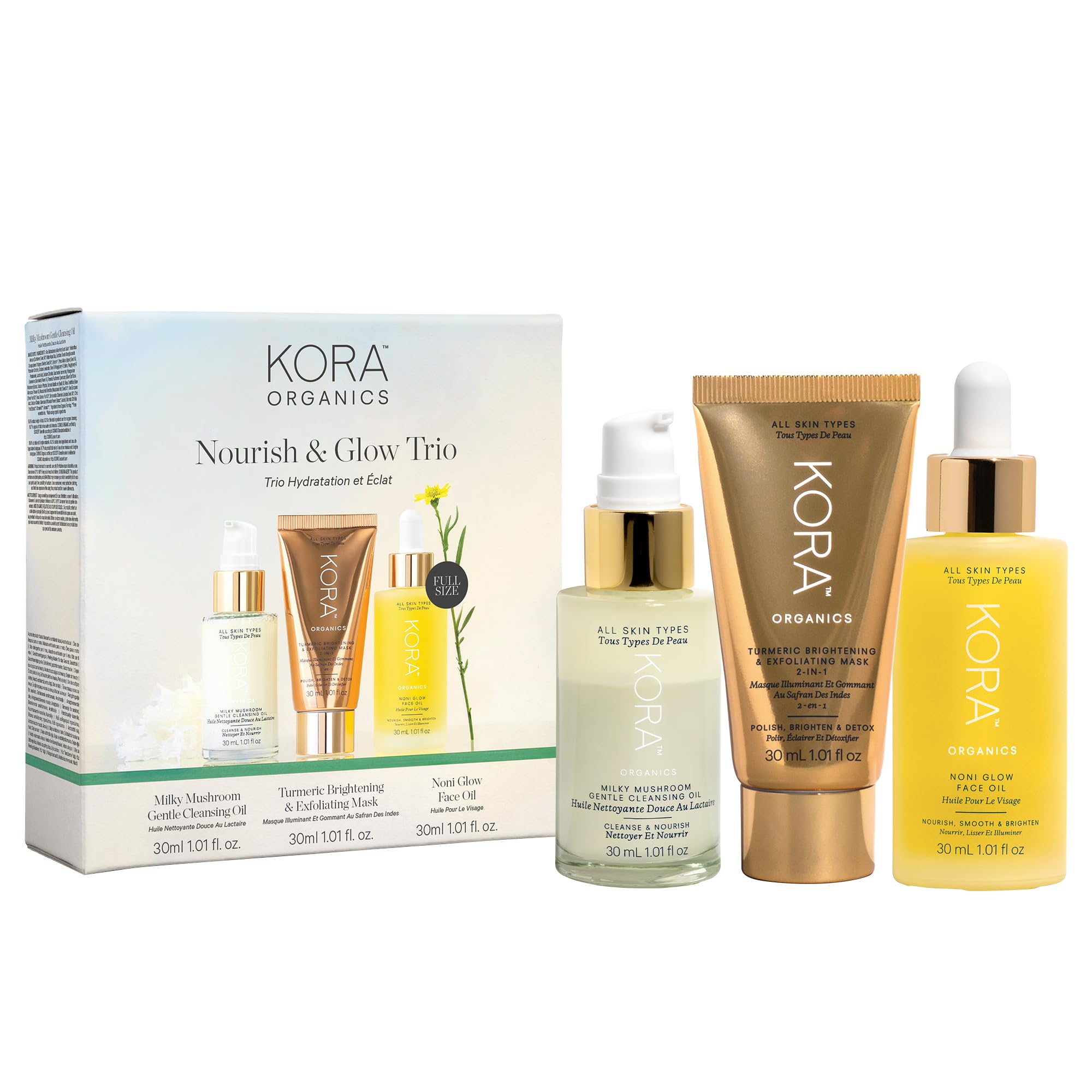 KORA OrganicsNourish & Glow Trio, Gift Set with Noni Glow Plumping Face Oil, Turmeric Exfoliating Mask and Milky Mushroom Cleansing Oil (3 Items)