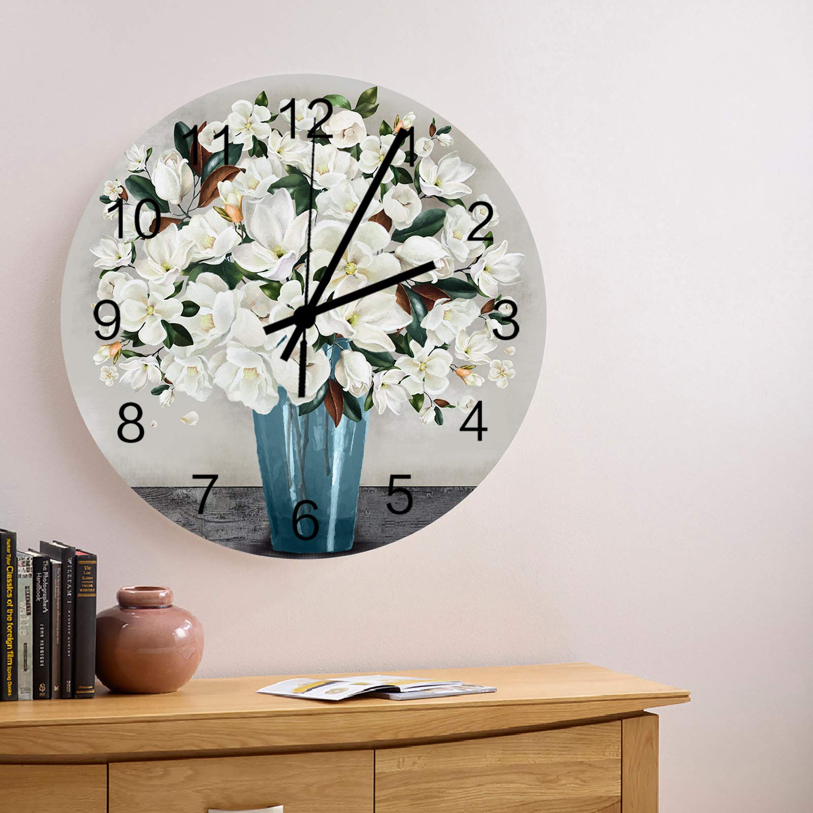 MuswannaA 12 Inch Silent Non-Ticking Round Wooden Wall Clock Oil Painting White Magnolia Flowers on Vase Roman Numeral Hands Clock Home Decor for Kitchen, Living Room, Bedroom, Farmhouse