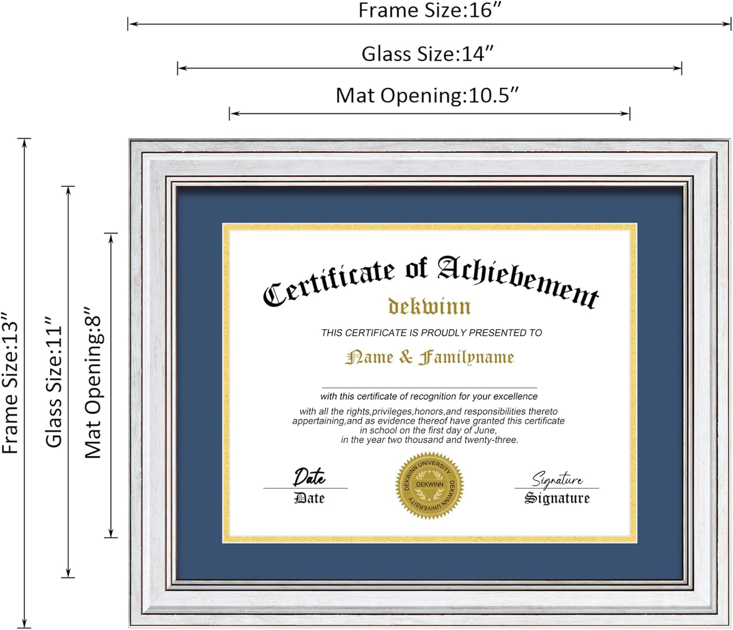 Diploma Frame 8.5x11 with Mat or 11x14 without Mat,1 Pack Rustic White Certificate Document Frame with Real Glass (Blue/Gold Double Mat,an extra Black Mat included)
