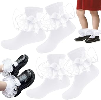 2 Pairs Girls Ruffle Socks Double Lace Cute Frilly Trim White Princess Comfortable Socks