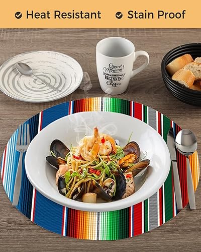 Miniatura 6 de Juego de 4 manteles individuales redondos con estampado de serape mexicano a rayas coloridas, lavables, manteles individuales de rayas de salsa con