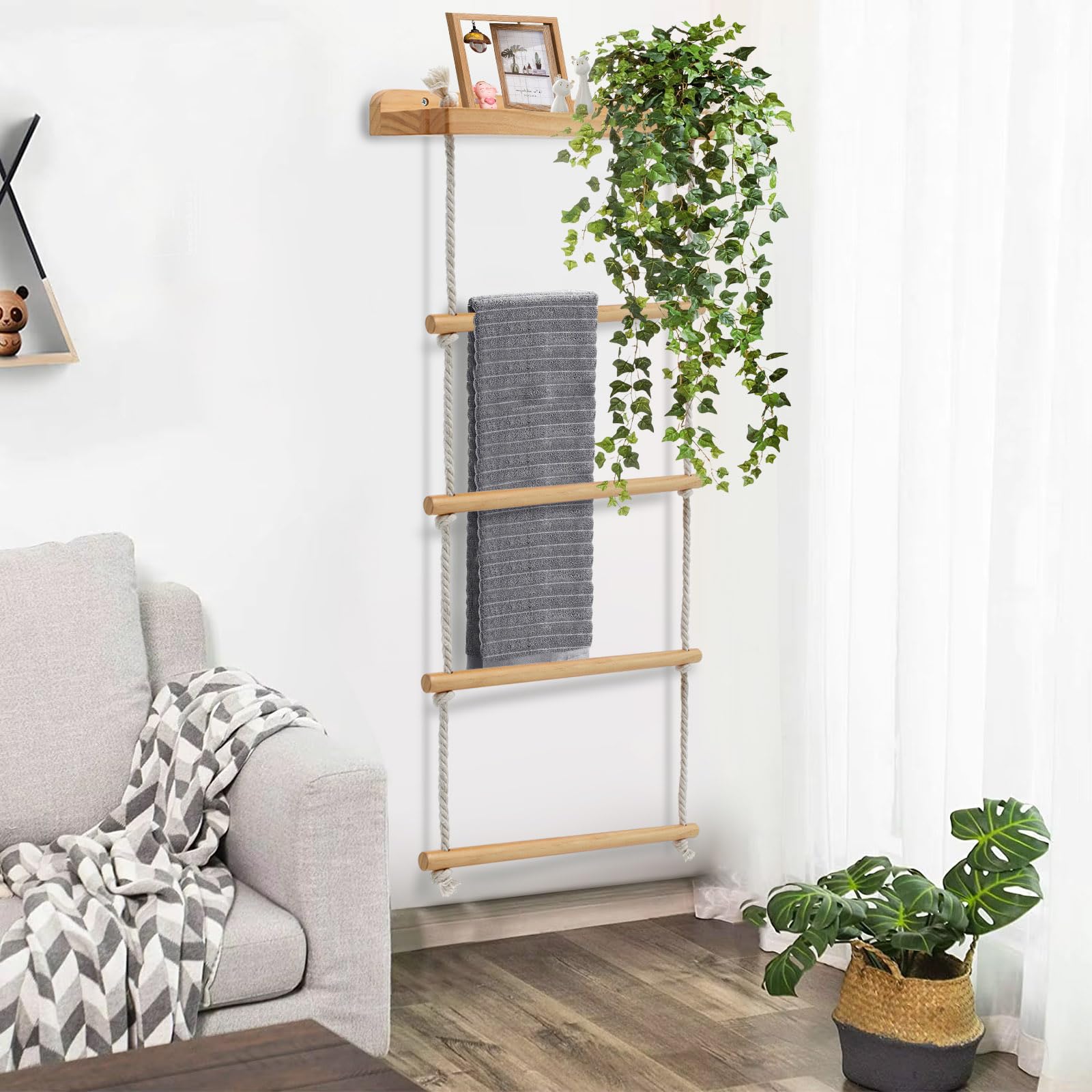 5 Strati Porta Asciugamani Legno, Porta Asciugamani Bagno da Parete, Scala Legno Decorativa per Parete Rampicante Vegetale, Piantana Asciugamani Bagno, Scaletta Porta Asciugamani per Camera
