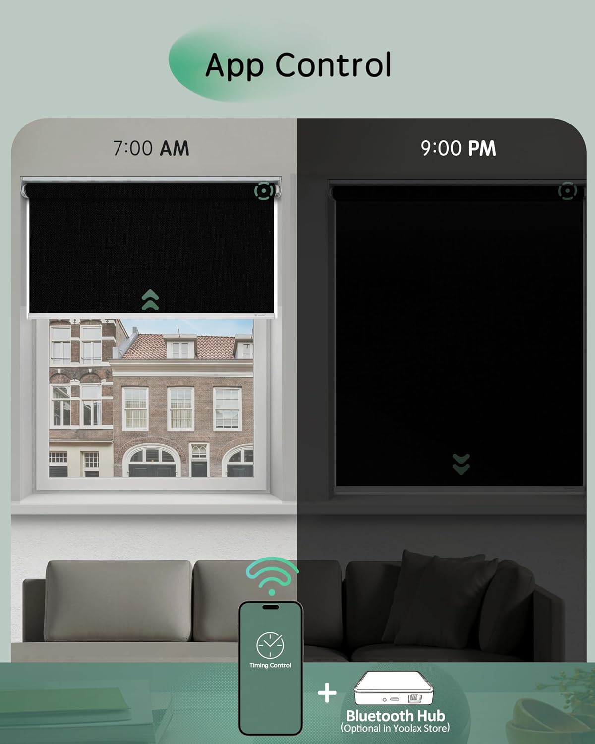 Yoolax Motorized Blinds App Control, Blackout Roller Shades for Windows, Cordless Automatic Shades Roller Window Blinds for Bedroom Living Room Office (Blackout Apex Black, 34" W x 72" H)