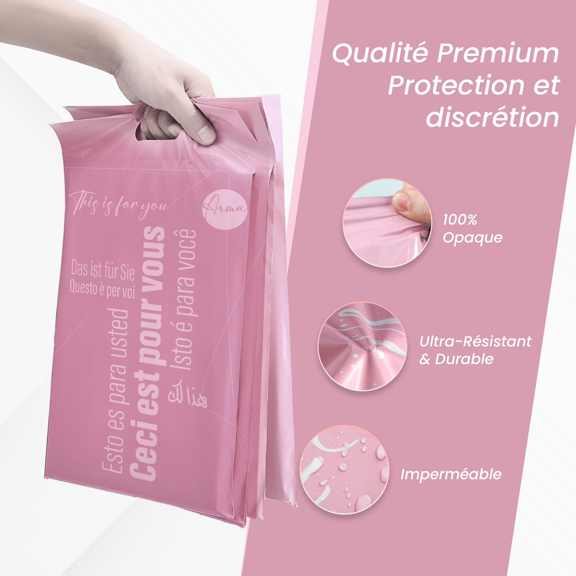 ARMA - Pack de 60 Pochettes d'Expédition Opaques et Auto-Adhésives avec Pochette de Bordereau - Résistantes pour Vêtements, Chaussures, Livres - Idéales pour Vinted et E-commerce