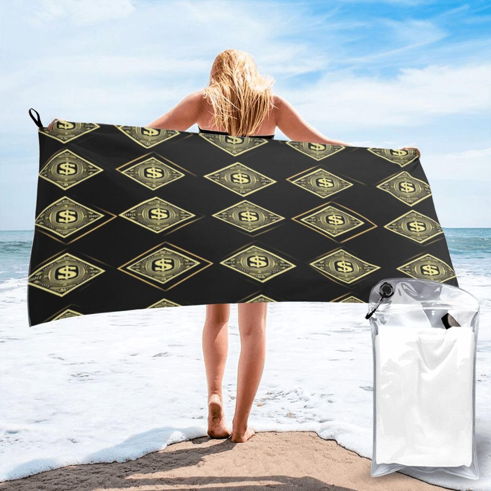 Anceky Patterned Dollar Symbols On Black Background Quick Dry Microfiber Travel Towel with Carry Case and Carabiner 27.5"X55"