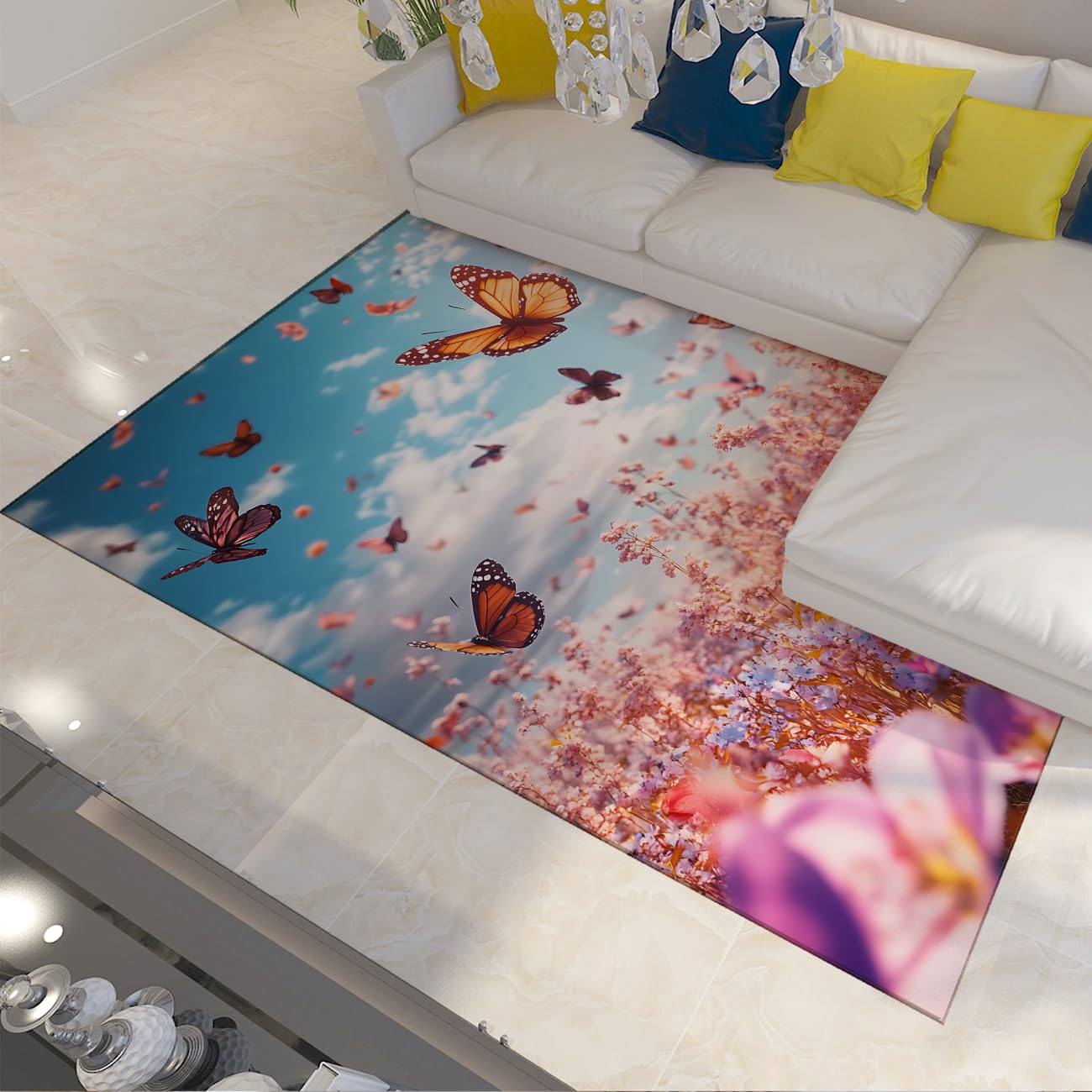 Dywan, estetyczny, romantyczny, naturalny, kolorowe motyle, pole kwiatowe, różowe morze kwiatów, nadaje się do prania, niskie runo, antypoślizgowy, do salonu, 120 x 200 cm