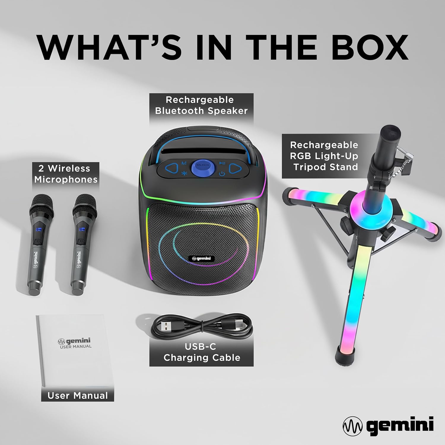 Gemini Wireless Karaoke Speaker with 2 Microphones, Portable Party Speaker with RGB LED Tripod Stand, Bluetooth, 6 Hour Battery, Karaoke System for Indoor Outdoor Events (GPK-200PK)