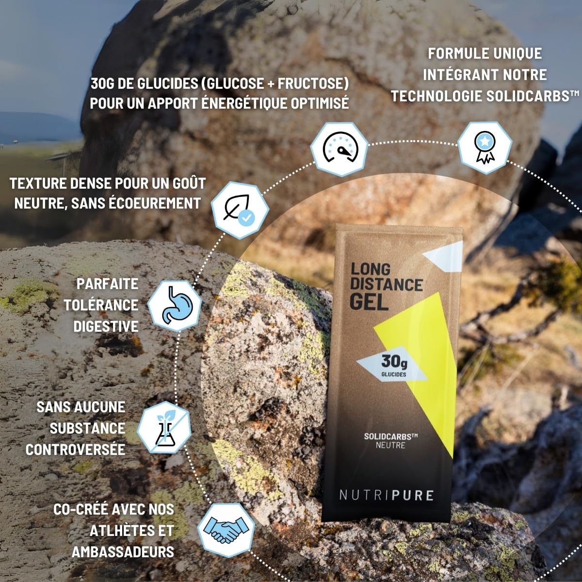 Nutripure | Gel Énergétique Longue Distance | Goût Neutre | Haute Tolérance Digestive | Sans Conservateurs | 30g de Glucides | Sport d’Endurance (Course, Trail, Vélo, Triathlon) | 1 étui (12 gels)