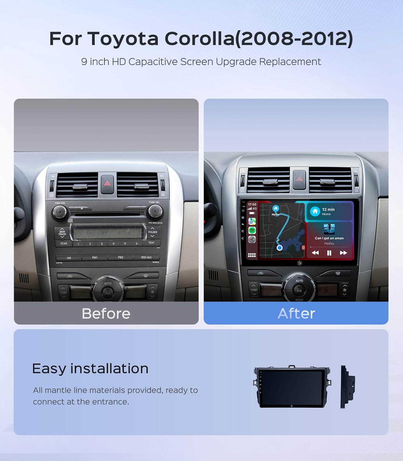 Car Stereo Radio for Toyota Corolla 2008 2009 2010 2011 2012, 9 Inch IPS HD Touch Screen 2+64G Wireless CarPlay Android Auto, 5G WiFi Android 13 GPS FM/SWC Bluetooth 1080P Backup Camera