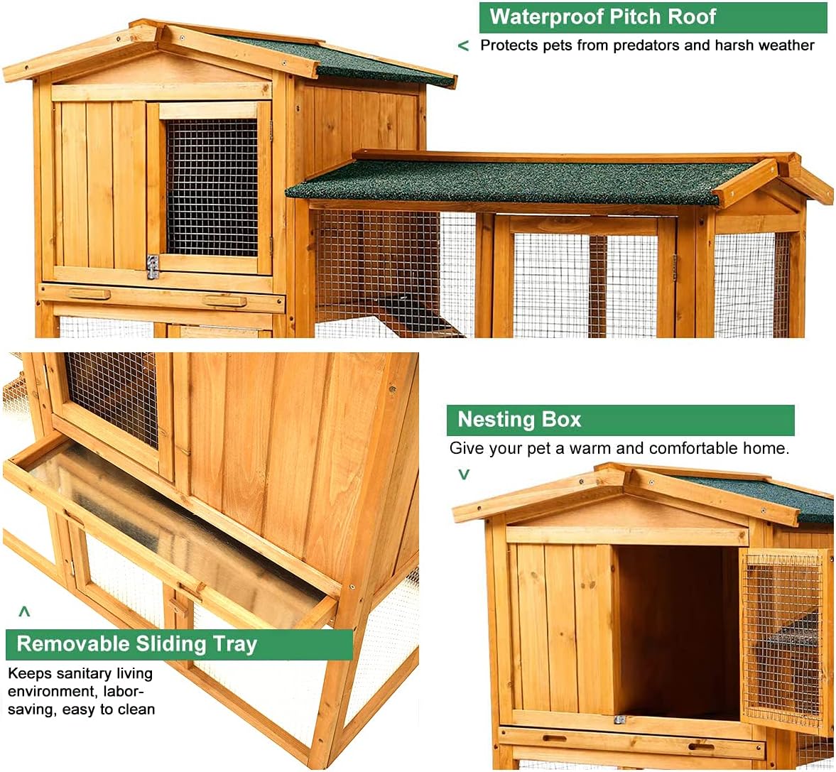 Rabbit Hutch, Indoor Rabbit Cage, Outdoor Bunny Cages with Run &Feeder, Pet House with Deeper No Leak Tray, UV Panel, Removable Bottom Wire Mesh & PVC Layer for Small Animals