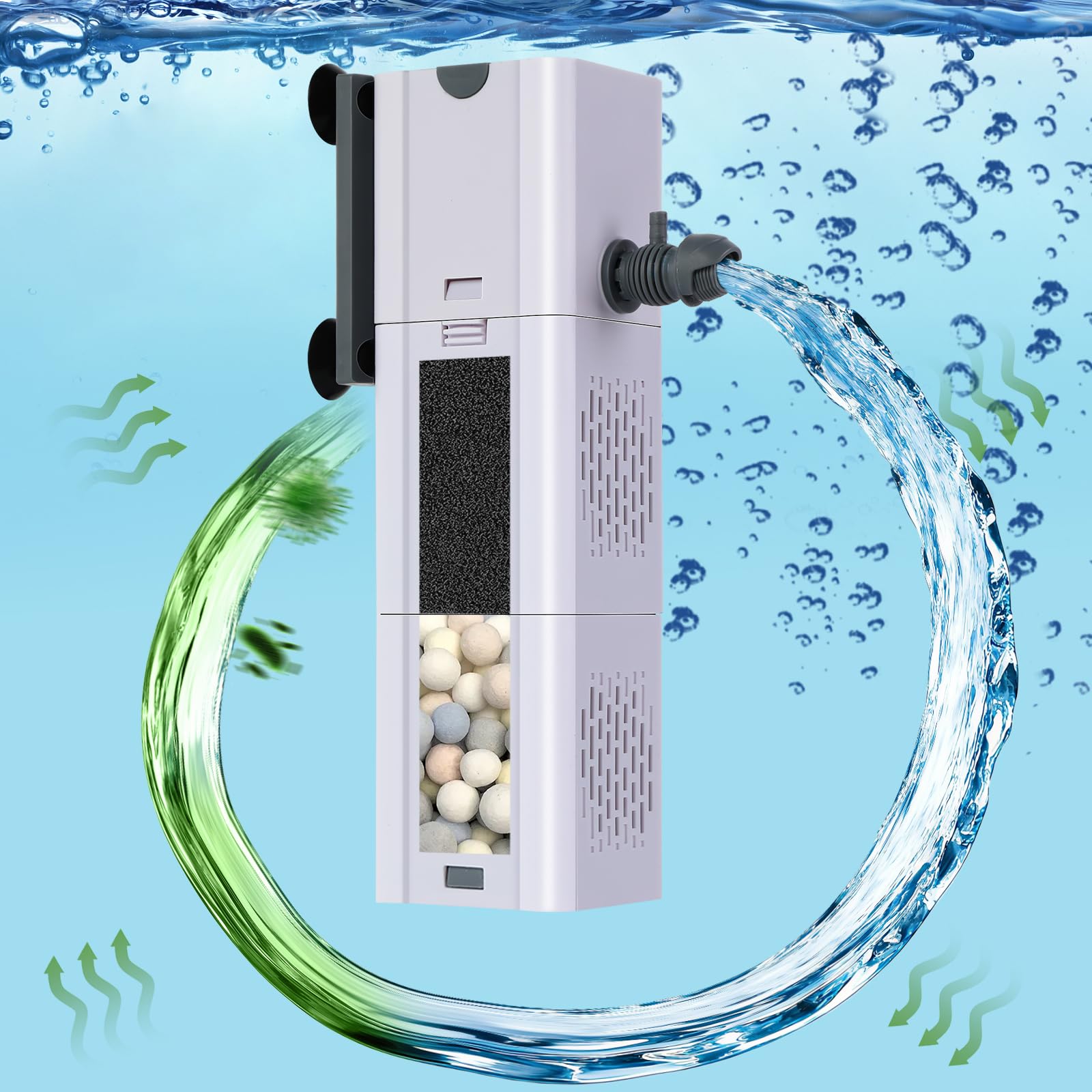 Filtre d'aquarium 4 en 1, filtre de filtration et d'oxygénation, filtre pour aquarium avec coton biochimique, perles en céramique, filtre multifonction pour aquarium (15 W)