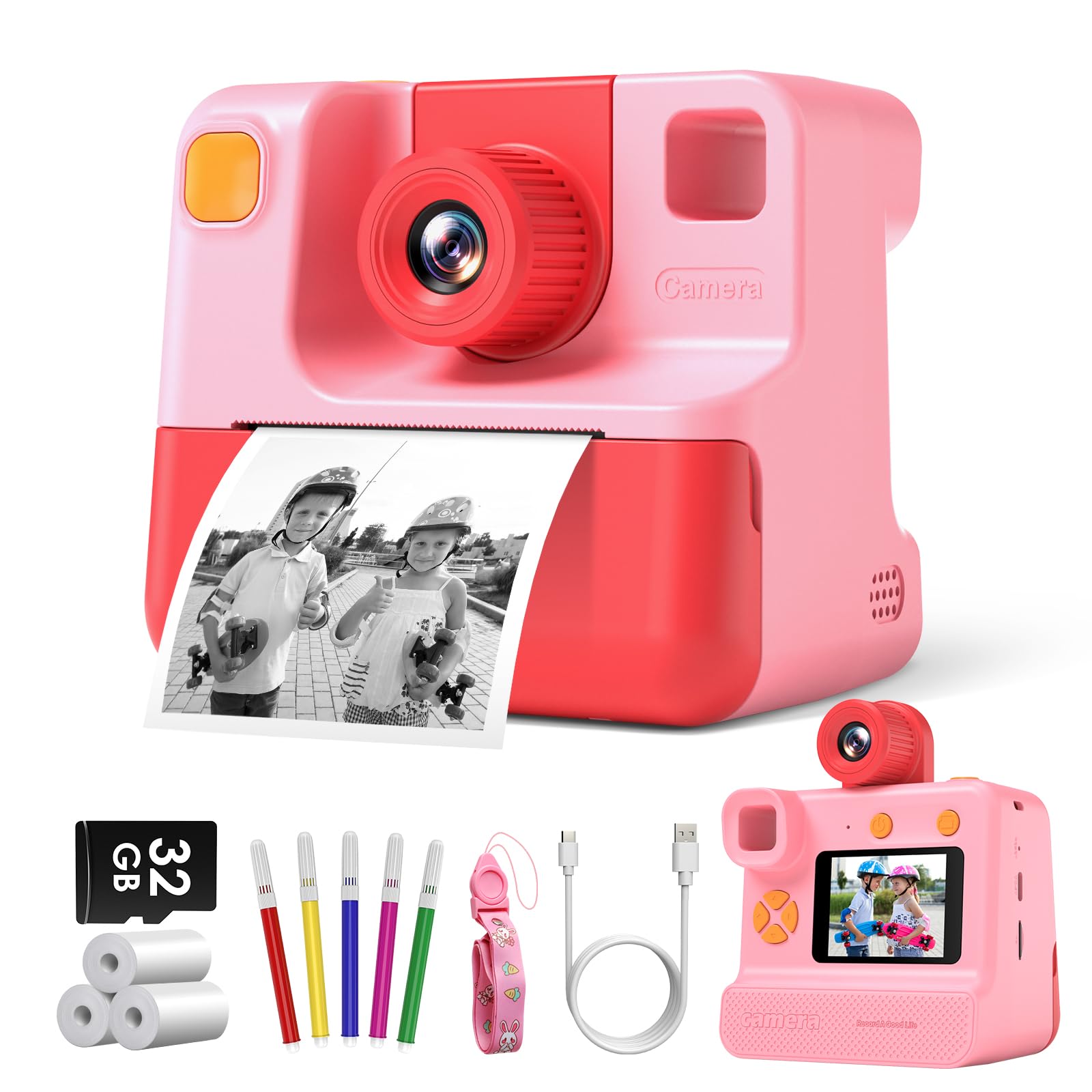 GREENKINDER Macchina Fotografica Bambini Istantanea, 1080P Macchina Fotografica Bambini con Lente 180° Flip, Scheda 32GB & Carta da Stampa, Regali di Natale Compleanno per 3-12 Ragazze Ragazzi