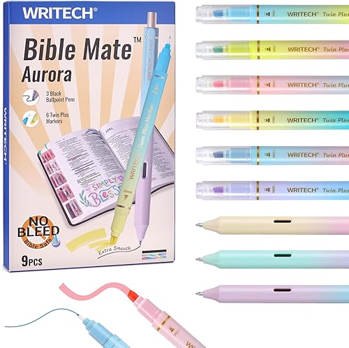 Miniatura 9 de WRITECH Set de marcadores y bolígrafos para diario de la Biblia Mate: marcadores sin sangrado para la Biblia y bolígrafos de bola de tinta negra de