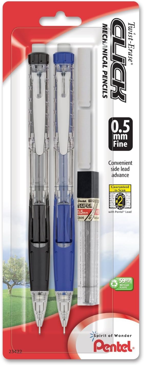 Pentel Twist-Erase Click Mechanical Pencil, (0.5mm), Assorted Barrels, 2 Eraser Refills and Lead, Color May Vary, Pack of 2 (PD275TLEBP2)