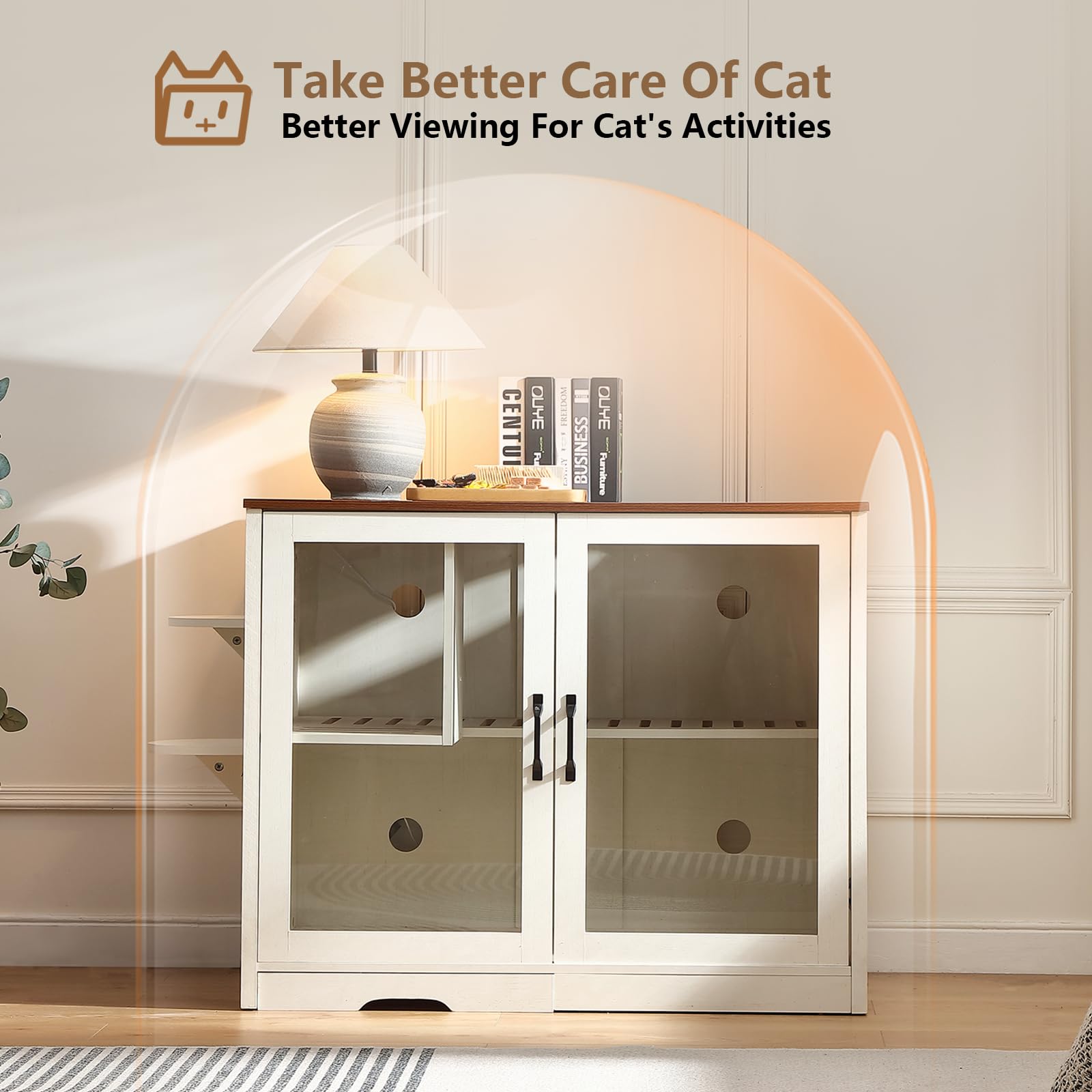 FOREST GRAVITY Cat Cabinet Litter Step Box Furniture Armoire à Chat Litière Box Meuble Meuble Moderne 125.5 * 83 * 60 cm Maison pour Chat avec Porte et cloison séparée Blanc Antique