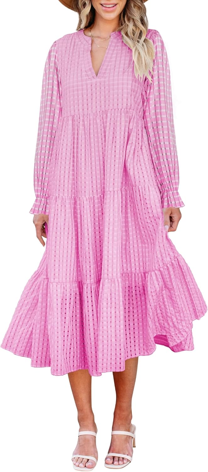 Theenkoln Womens Casual Midi Dress: Long Sleeve V-Neck Empire Waist Gingham Spring Fashion Long Trendy Tiered Formal Dresses 047hot Pink X-Large