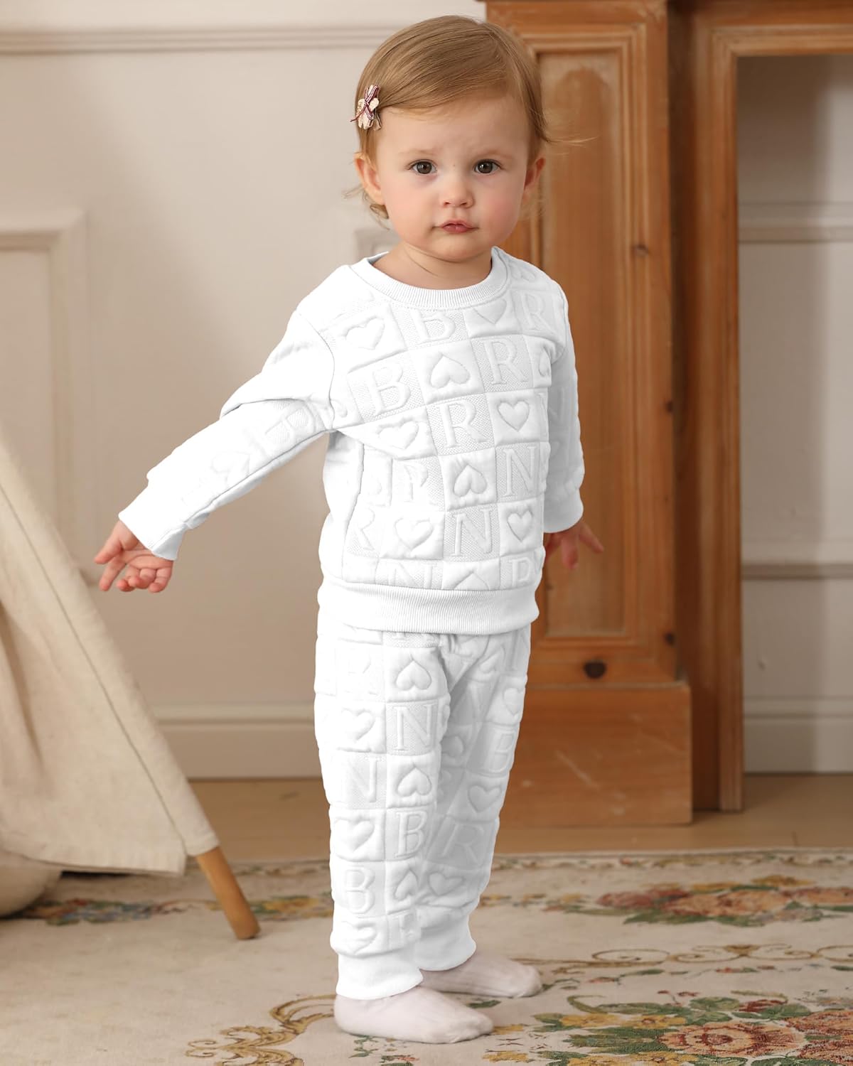 Jecson Toddler Baby Girl Clothes: Soft Warm Outfits Set Quilted Heart Sweatshirt & Pants Cute Fall Winter Home Out 2Pcs 3M-4T - Image 2