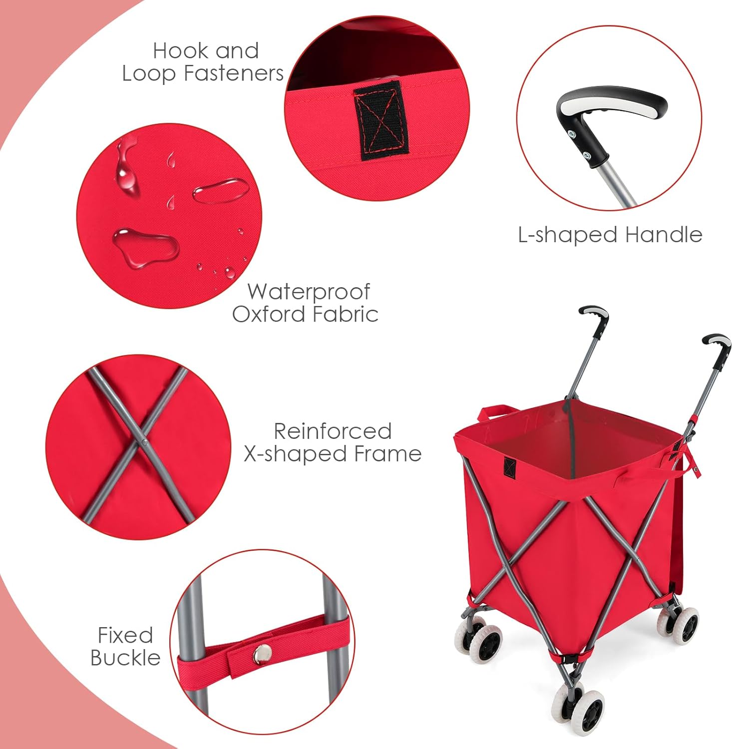 Goplus Folding Shopping Cart with Wheels, Grocery Cart with Removable Oxford Cloth Liner, Lightweight Utility Cart for Groceries Laundry, Red