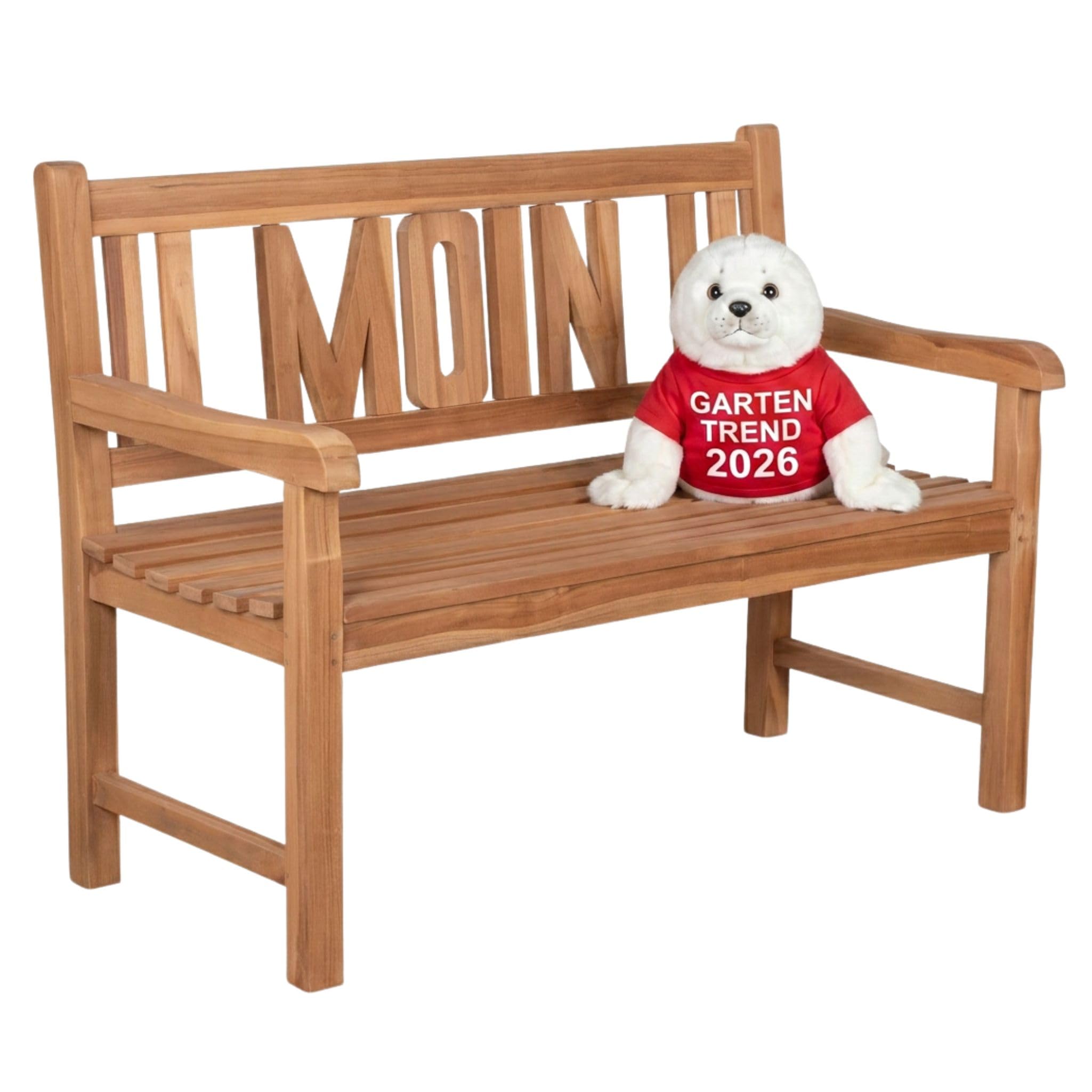 MR. DEKO Gartenbank wetterfest Sitzbank Outdoor Teak Balkon Bank Motiv Moin | Holz 2-Sitzer 120x60x94cm