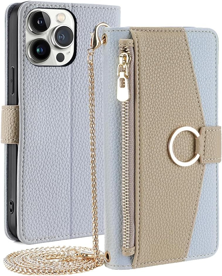 Wallet Case for Samsung Galaxy Note 5/N9200 Flip Phone Case Cover with Crossbody Strap Magnetic Zipper Pocket Makeup Mirror PU Leather Shockproof with Kickstand Shell Blue