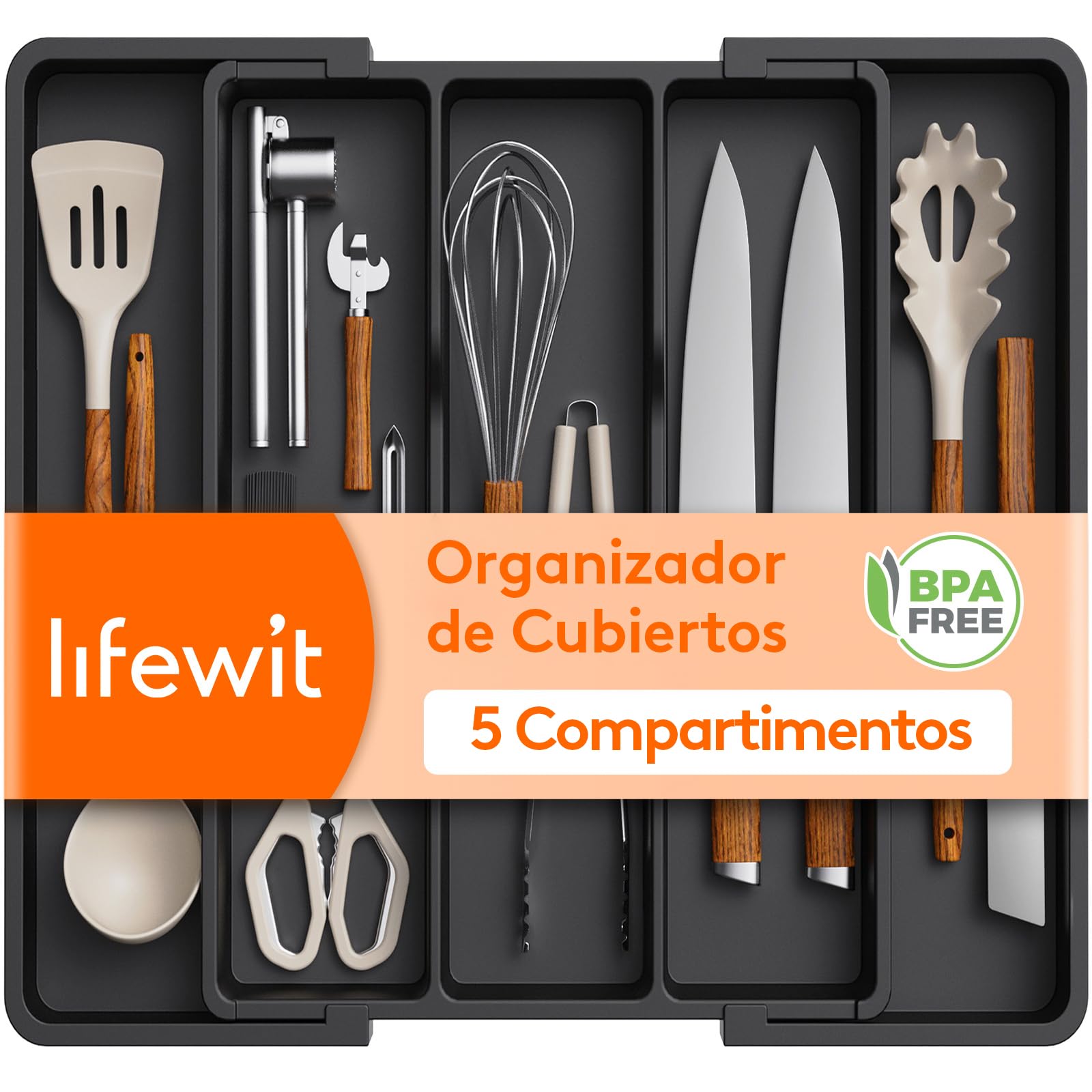 Imagen del producto: Lifewit Organizador de Cajones de Utensilios, Organizador Cubiertos Grande Expandible para Cocina, Soporte de Cubiertos Ajustable para Cajon, Organizador Cajones Cocina, Negro