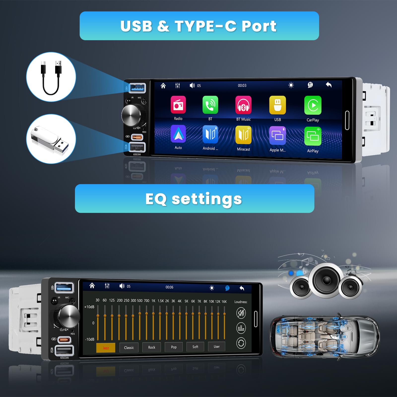 Inefala Autoradio 1 DIN CarPlay Android Auto 6,5" Bluetooth