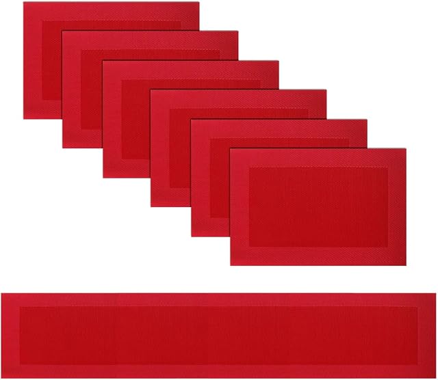 pigchcy Single Frame Red Elegant Placemats and Table Runner Set Vinyl Washable Placemats for Dining Table Set of 6 (45 x 30 cm + 45 x 180 cm)