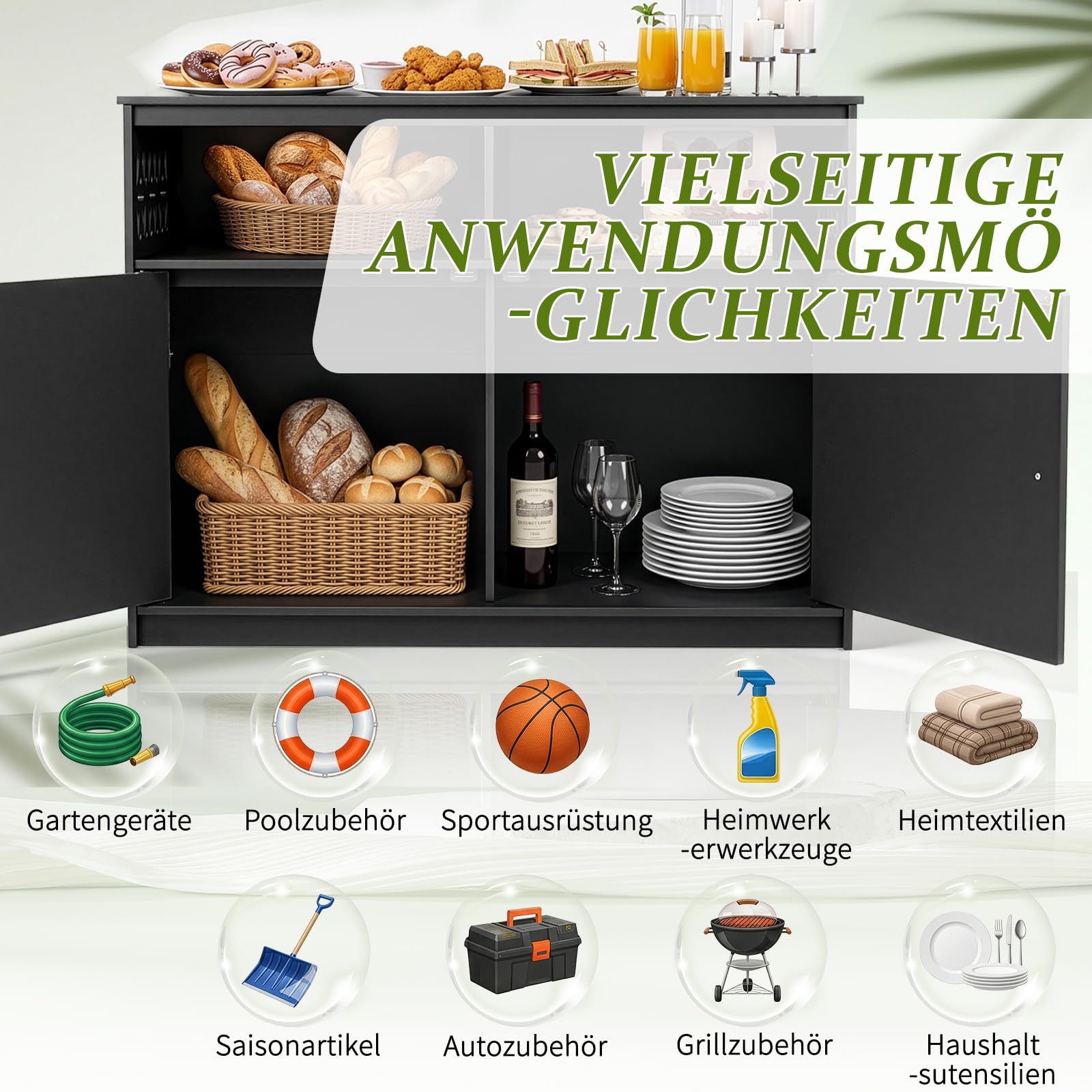 Gartenschrank mit Staufächern, Gartenschrank wetterfest Outdoor, 107 x 39 x 80 cm, Hochwertiges PVC-Material, Leicht zu pflegen und zu reinigen, Schwarz