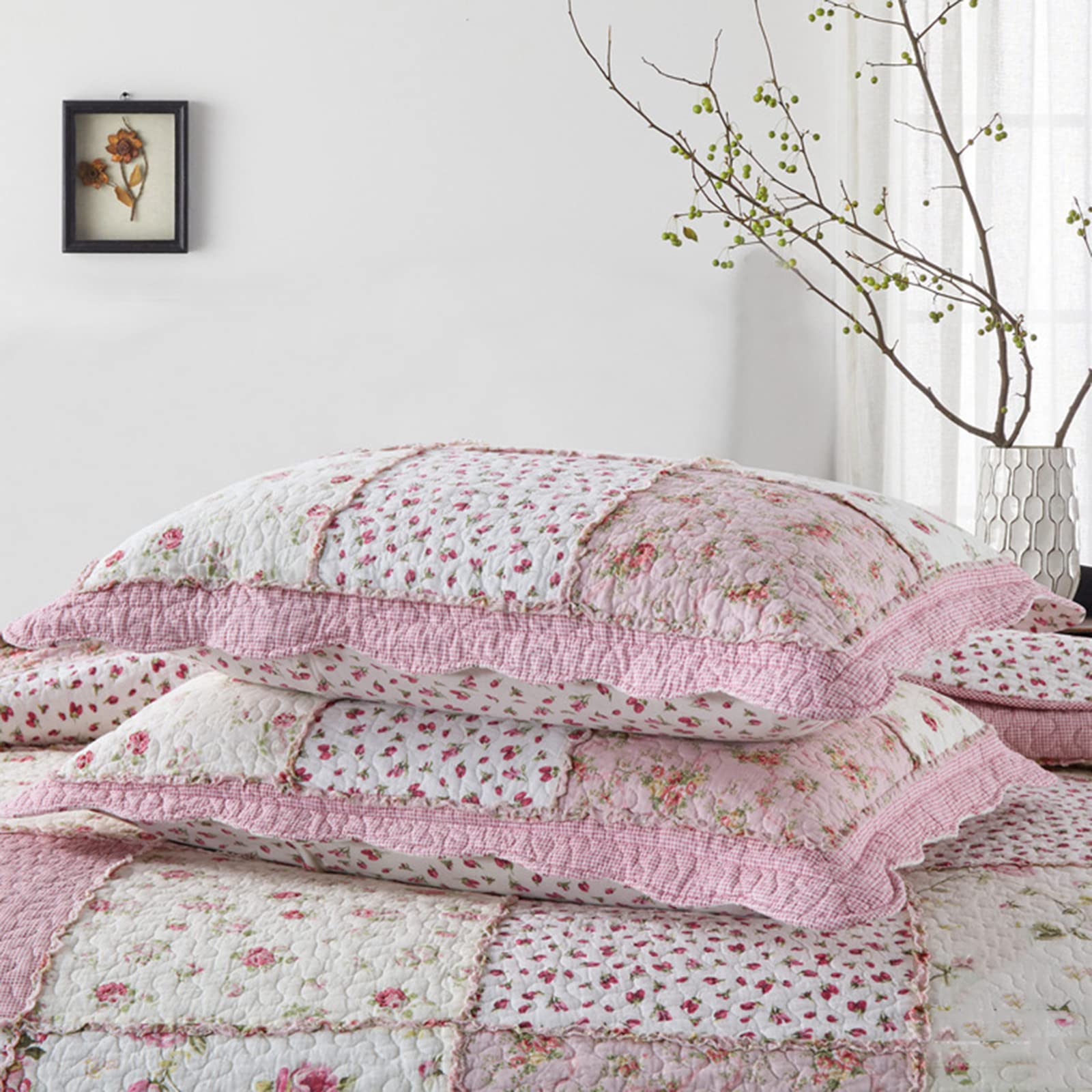 KISKIS Patchwork Colcha Acolchado Sobrecama Suave Floral Cubre Cama 230X250cm, Elegante Y Hermoso con 2 Fundas De Almohada