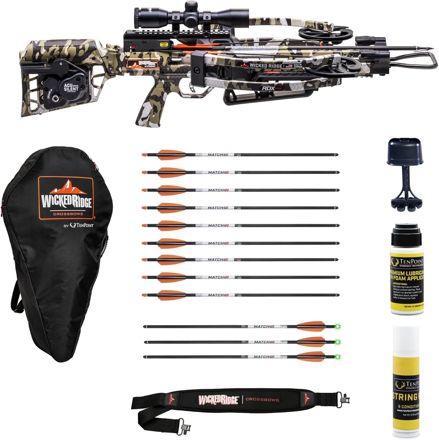 Wicked Ridge by TenPoint RDX 410 Ready-to-Hunt Package - Includes Nine Match 400 Non-Lighted + Three Match 400 Lighted Arrows, Soft Case, Neoprene Sling, Premium Lubricant & String Wax & Conditioner