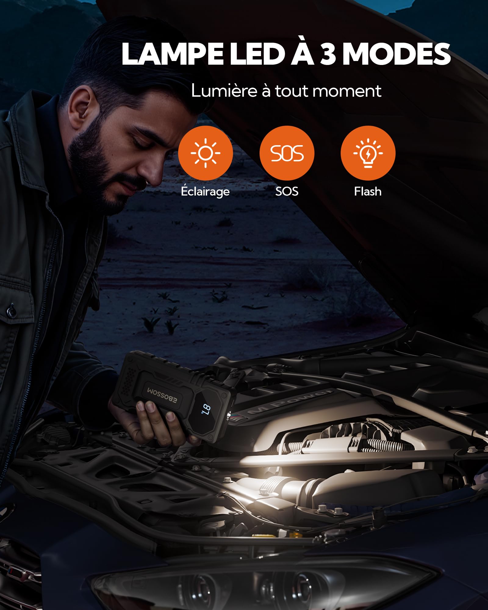 Booster Batterie Voiture, 12000mAh Démarreur de Voiture et Moto Portable, 12V Jump Starter avec Câbles de Démarrage Intelligents, Lumière LED Kit d'urgence pour Véhicules de Voyage, Chargeur de Secour