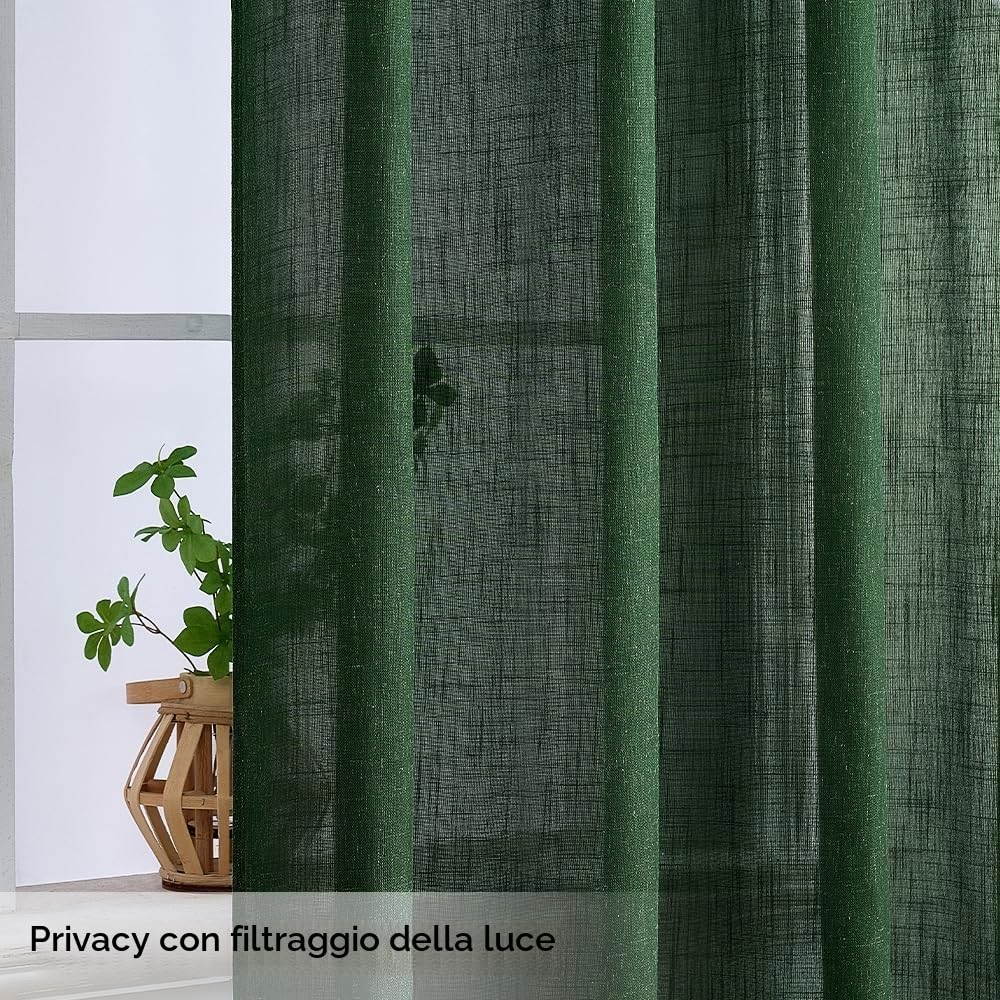 MIULEE Tende lino traslucido passanti 2pz L140xA225 Verde scuro | Tende traslucide effetto lino con passanti metallici, leggere e moderne, adatte per soggiorno, camera e cucina