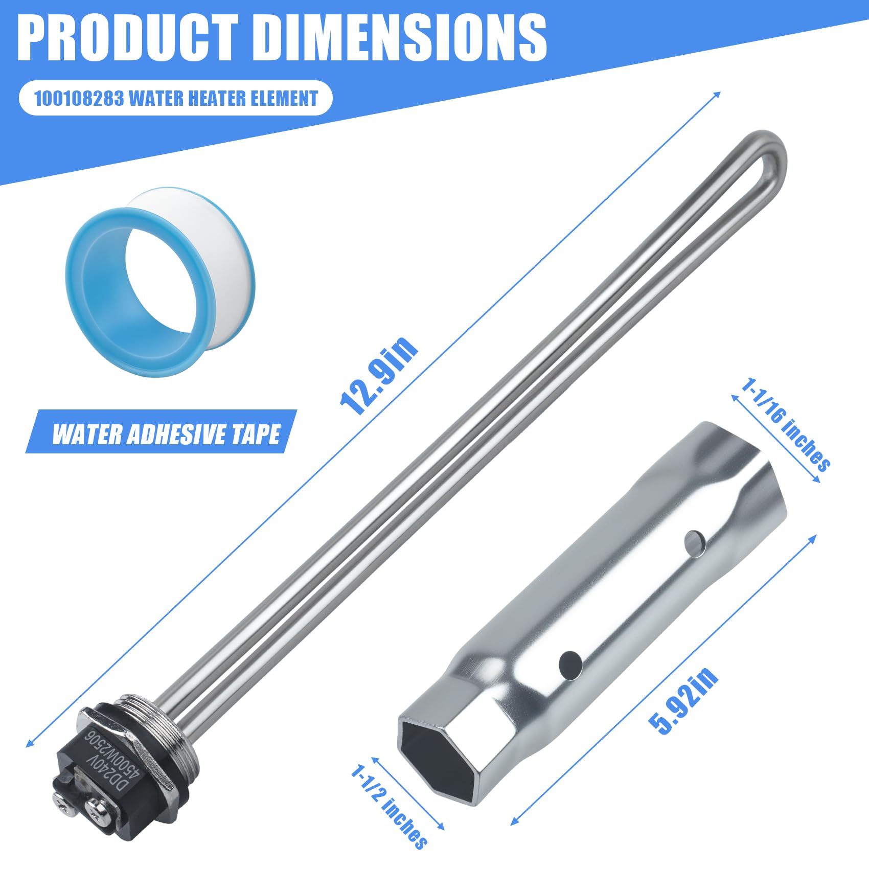 100108283 - Elemento calentador de agua con llave inglesa, para calentadores de agua eléctricos modelo AO Smith, compatible con GE, Kenmore, Whirlpool (100108283 con enchufe, juego de 2)