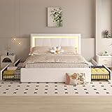Queen Bed Frame with 4 Storage Drawers and Adjustable Headboard, Upholstered Platform LED Bed with Type-C&amp;USB Ports, Solid Wooden Slats Support, No Box Spring Needed, Easy Assembly, Beige