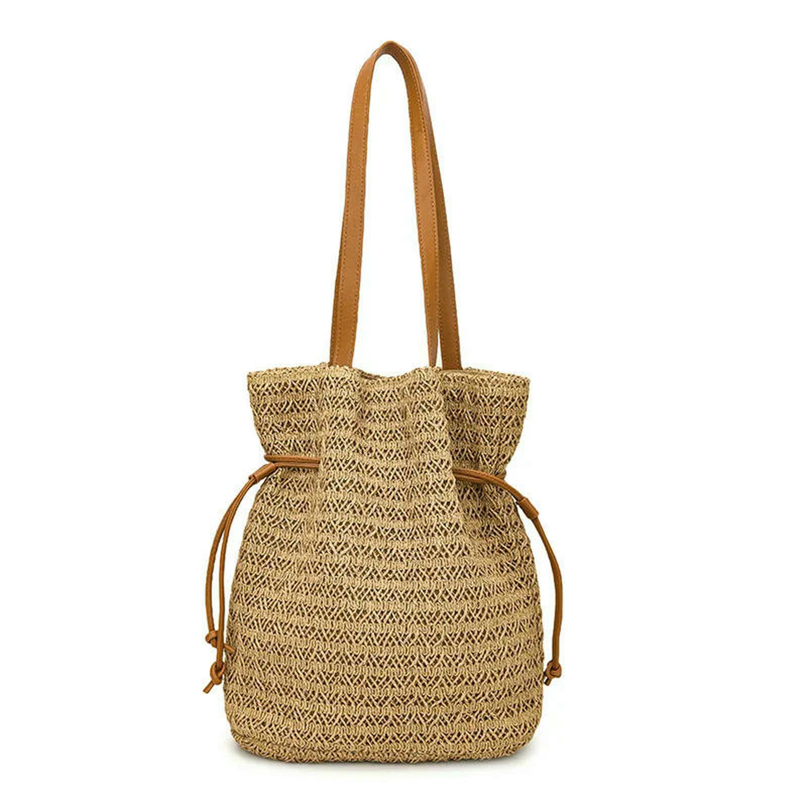 Strohtaschen Damen Shopper Handgewebtes Großer Kapazität Strand Gewebter Korbbeutel Stroh Strickbeutel Gewebt-Khaki