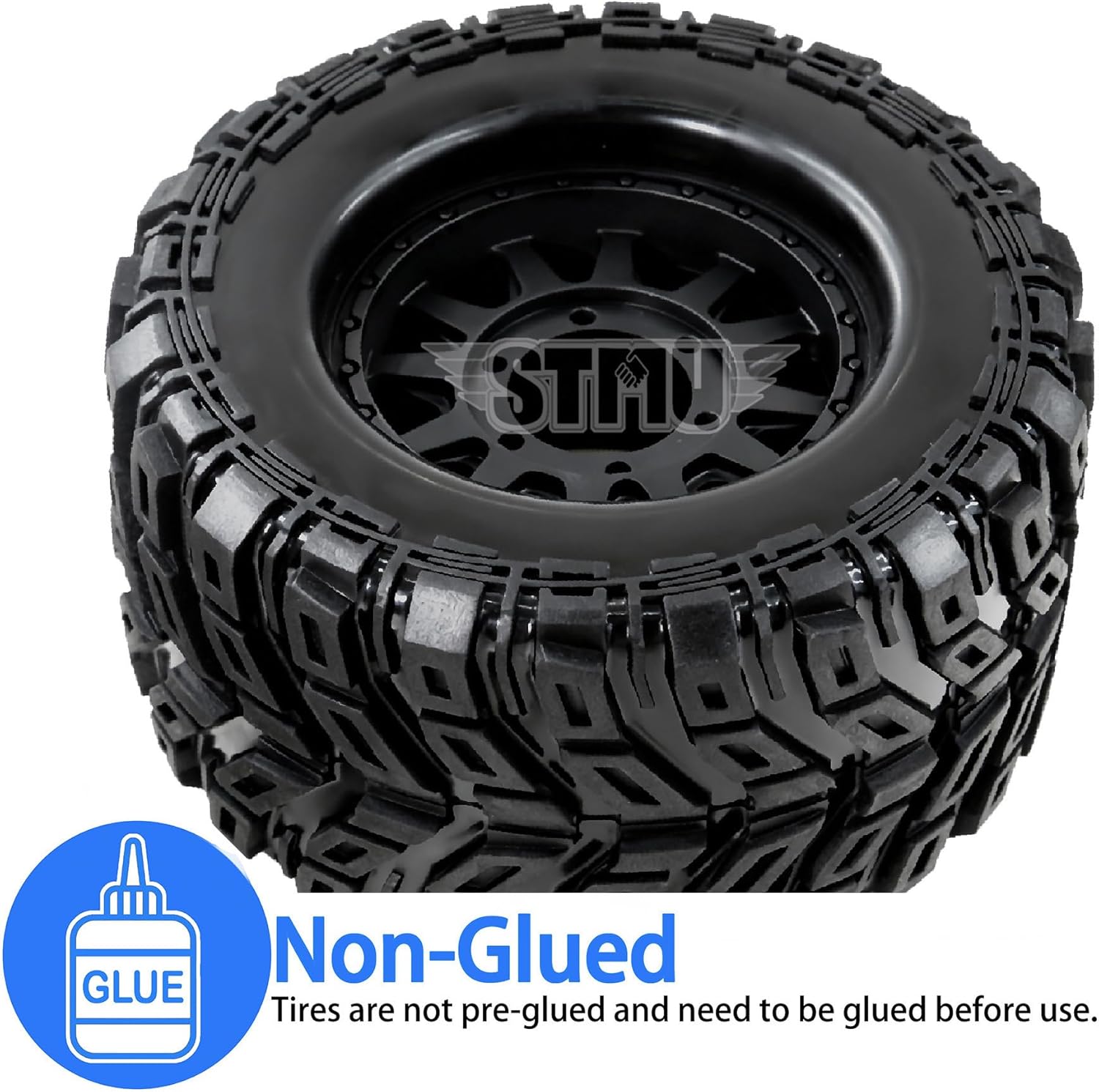 STMU 1/10 RC Wheels and Truck Tires 12mm/14mm/17mm Hex for 1/10 Rock Granite Vortek/Stampede Rustler Hoss/L0s1 Rc 4wd,RC Monster Truck Car Wheel 4Pcs (Black)