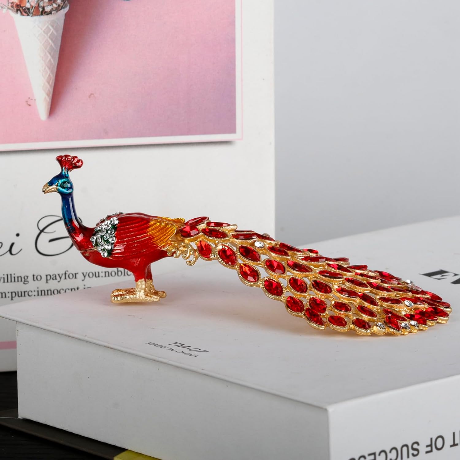 SEVENBEES Hand Painted Enameled Peacock Collectible Figurine Jewelry Box - Trinket Box, Ring and Earrings Holder with Crystal Rhinestones for Women and Girls - Image 5