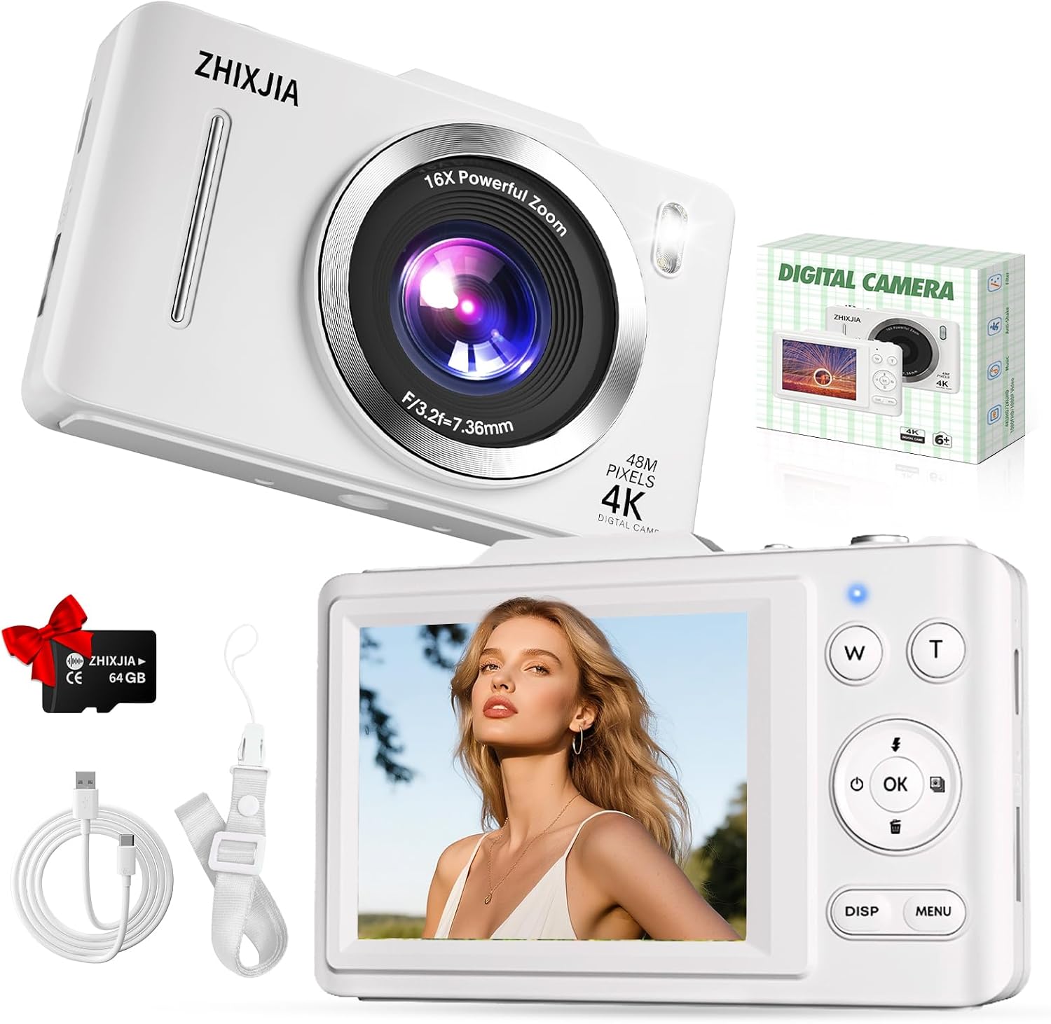 Digital Camera with 16x zoom and 4K video (White)