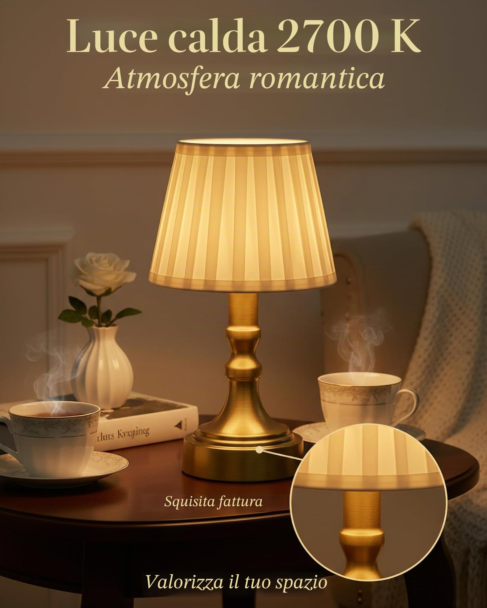 ACMHNC Lampada Tavolo Ricaricabile Dorata, Dimmerabile Touch, 2700K | Lampada da Comodino Senza Fili 4000 mAh, Paralume in Tessuto, Retrò per Camera, Soggiorno, Terrazza, Ristorante